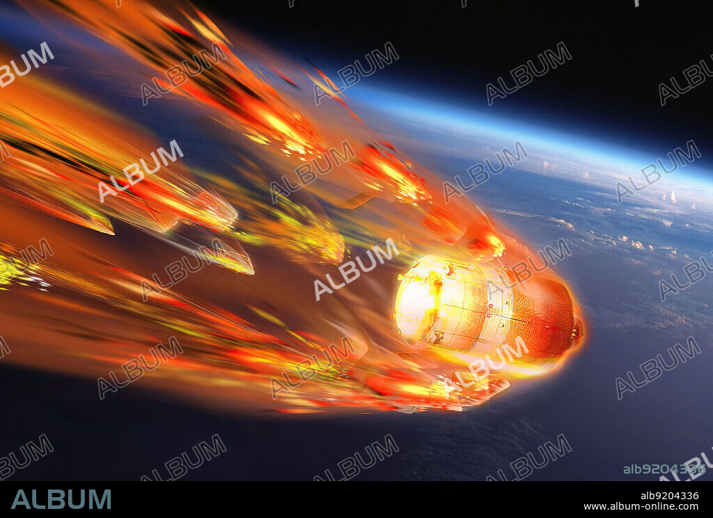 An artist's depiction of the destructive re-entry into Earth's atmosphere of ESA's fifth and final Automated Transfer Vehicle, ATV-5, after it completes its mission to the International Space Station. The ATV-5 spacecraft bears the name of Belgian physicist Georges Lemaître, who is considered to be the father of the big-bang theory. This final flight of the ATV program will deliver joysticks for robotic video games, new clothing, a new laser imaging system for spacecraft rendezvous and aquarium fish. ATVs are expendable, pressurized, unmanned resupply vehicles developed by the European Space Agency, designed to supply the ISS with various payloads.