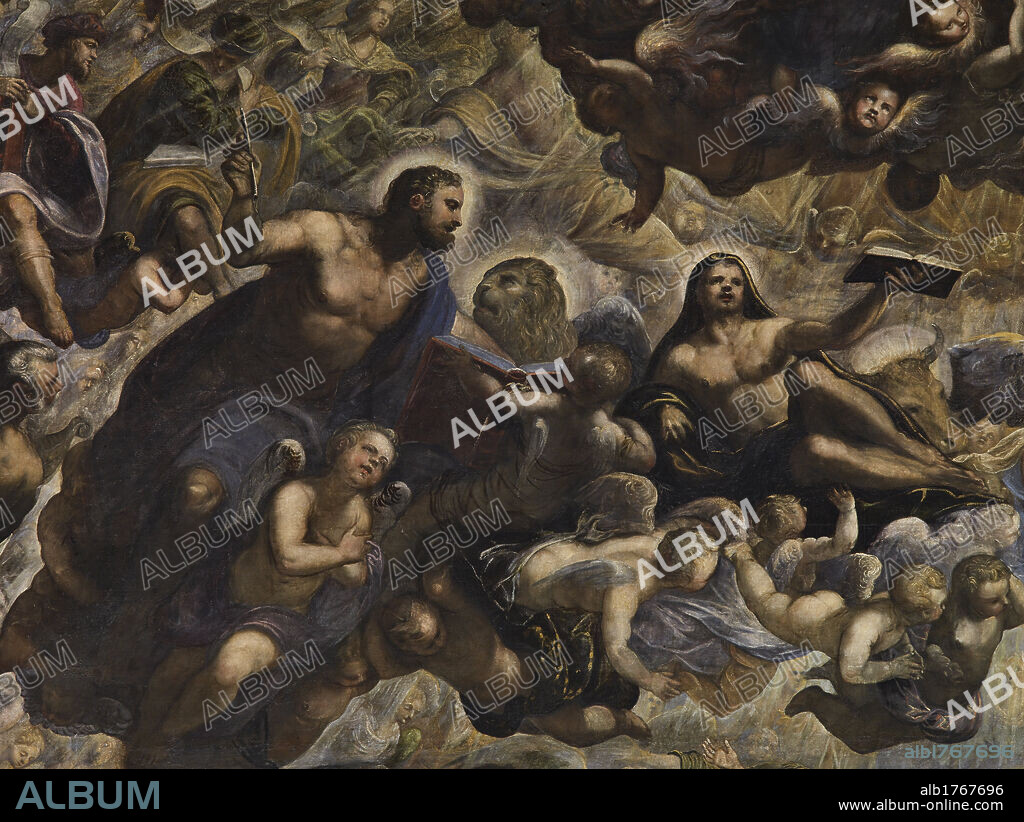  Heaven, by Jacopo Robusti known as Tintoretto, 1588-1592 about, 16th Century, oil on canvas, cm 700 x 2200. Italy, Veneto, Venice, Doges Palace. Detail. Heaven saints blessed Evangelist St Mark lion angels putti, Photo Campaign 2010.