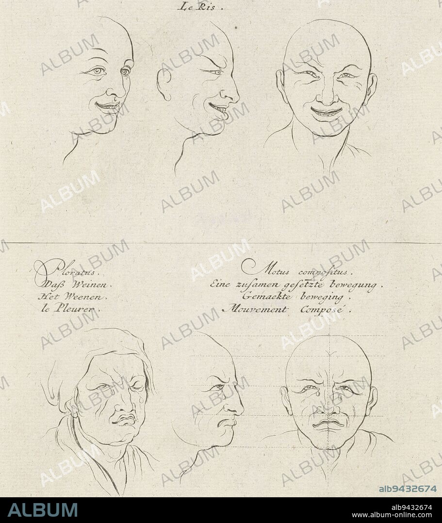 Laughing and weeping facial expression, Pieter Schenk (I), after Sébastien Leclerc, after Charles Le Brun, 1692 - 1711, At top two faces from the side and one from the front with a laughing facial expression. Below, one face from the front and one from the side with a crying facial expression., print maker: Pieter Schenk (I), Sébastien Leclerc, intermediary draughtsman: Charles Le Brun, Amsterdam, 1692 - 1711, paper, etching, h 213 mm × w 160 mm.