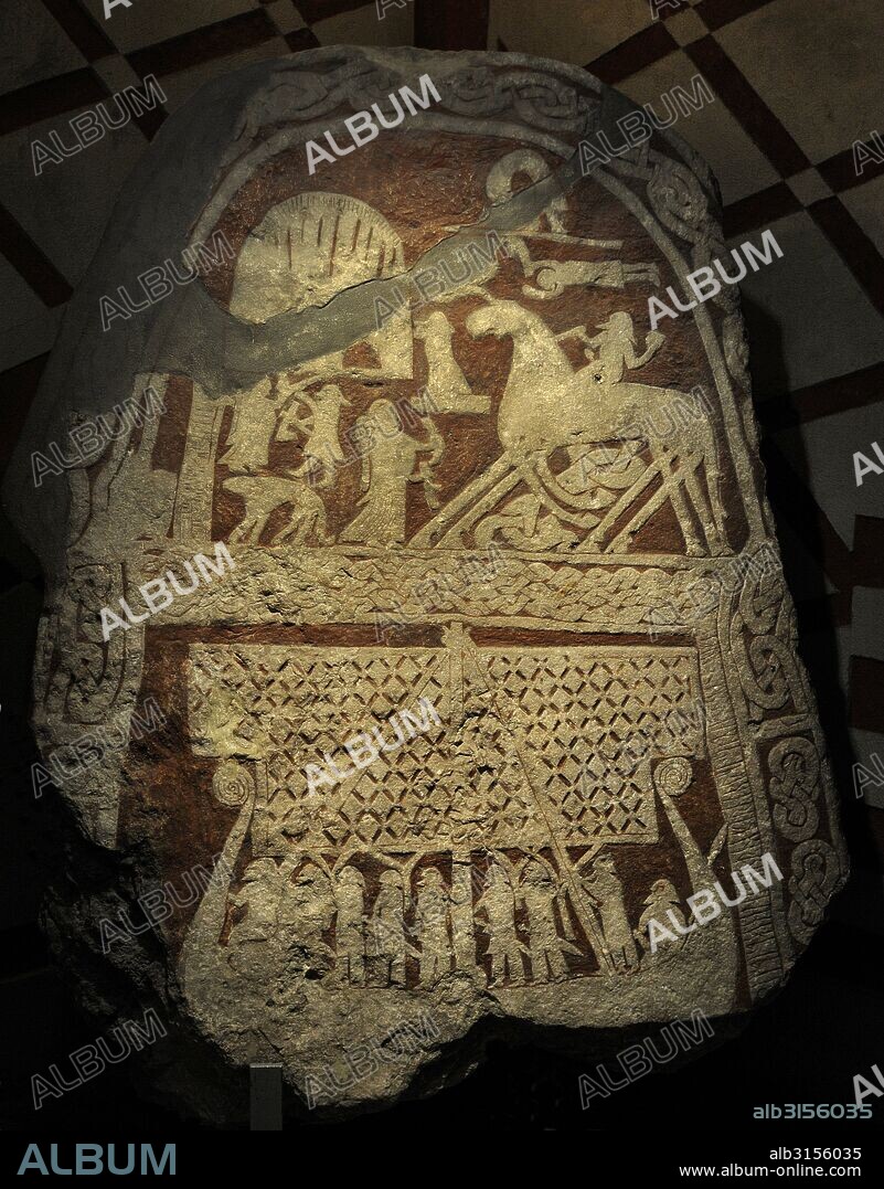 Viking stele showing Odin's horse Sleipnir. Pagan. From Tjangvide, Alskog, Gotland, Sweden. 9th century. Swedish History Museum. Stockholm, Sweden.