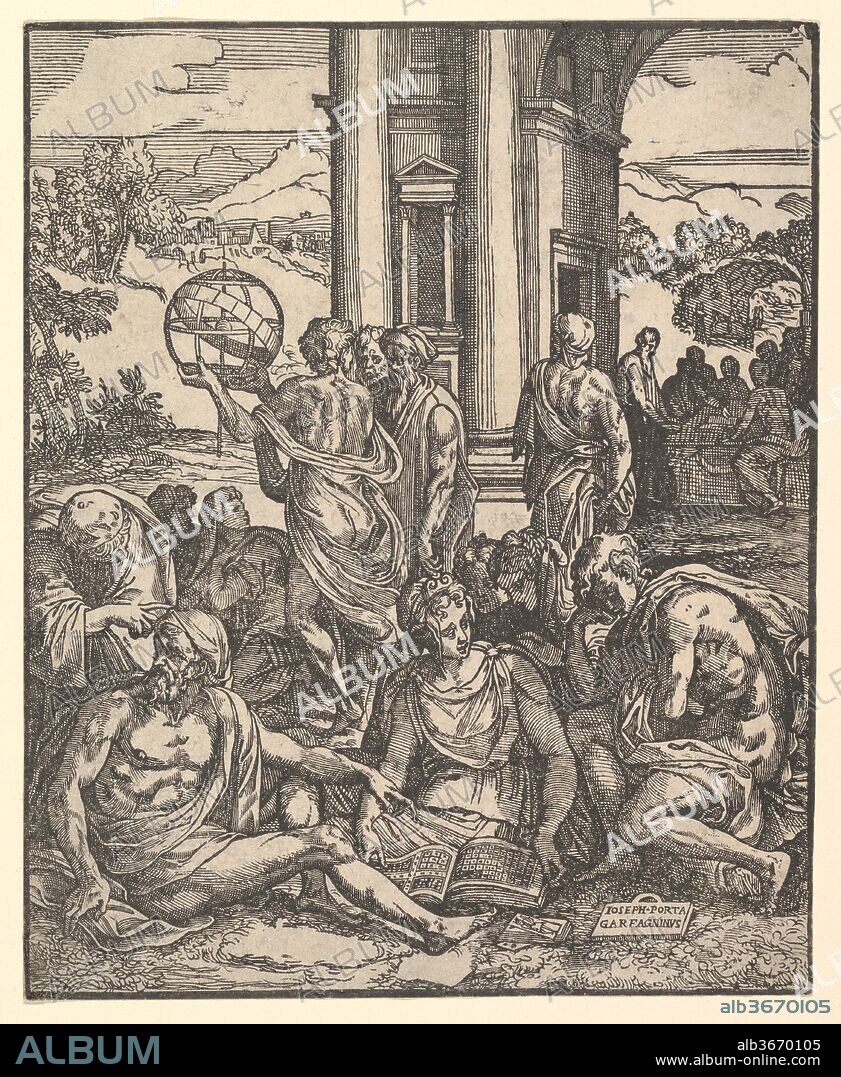 Frontispiece to 'Le sorti di Francesco Marcolini da Forli intitolato Giardino di Pensieri'. Artist: After Marco Dente (Italian, Ravenna, active by 1515-died 1527 Rome); Giuseppe Salviati (Giuseppe Porta, called Il Salviati) (Italian, Castelnuovo di Garfagnana ca. 1520-ca. 1575 Venice). Dimensions: sheet: 9 7/16 x 7 5/8 in. (23.9 x 19.3 cm). Date: 1540.
This woodcut of a scholarly gathering is fully signed by Giuseppe Salviati yet is an almost exact copy of an engraving by Marco Dente, who died in 1527. The only changes are the adaptation of the book in the foreground to represent Marcolini's fortune-telling book and the addition of the pack of cards required for divination. That Giuseppe so prominently signed a copy suggests that he cut the block himself-indeed, it was usually the cutter rather than the designer who signed or monogrammed a woodblock.