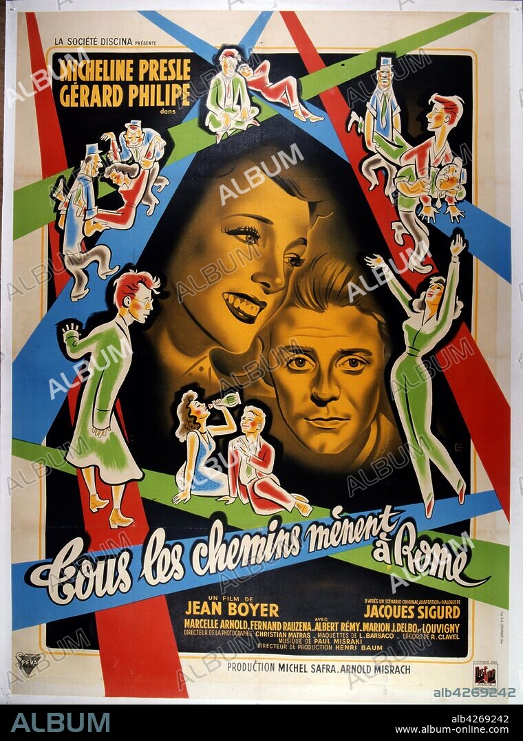 Film poster for the French film, 'Tous les chemins menent a Rome' (1949), (All roads lead to Rome), The film starred Micheline Presle and Gerard Philipe.
