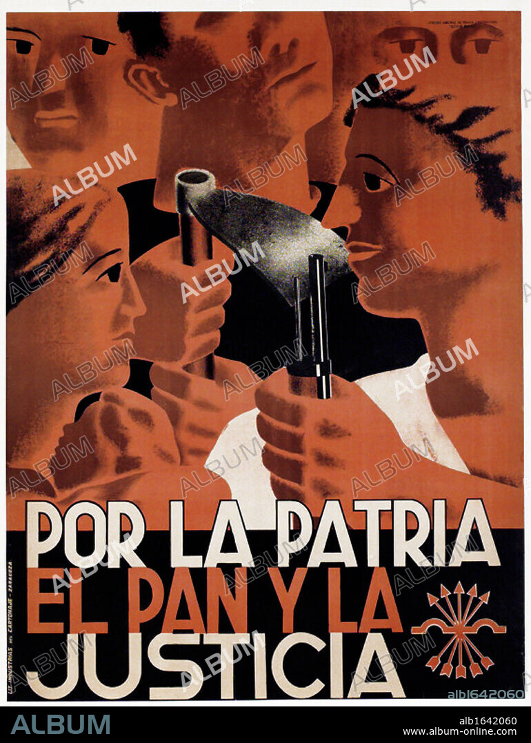 Spanish Falangist poster c1936-1939, Falangist symbol in bottom right corner. 'Por la patria el pan y justicia' (For country, bread and justice). Spanish right-wing Fascist Anti-Communist political party. Propaganda Civil War.