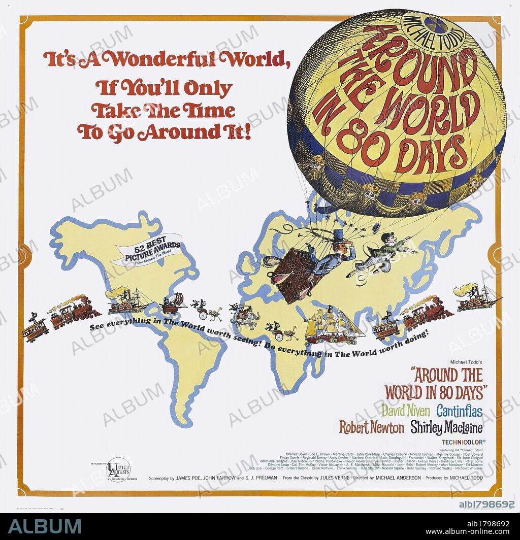 Poster de LA VUELTA AL MUNDO EN 80 DÍAS, 1956 (AROUND THE WORLD IN EIGHTY DAYS), dirigida por MICHAEL ANDERSON. Copyright UNITED ARTISTS.