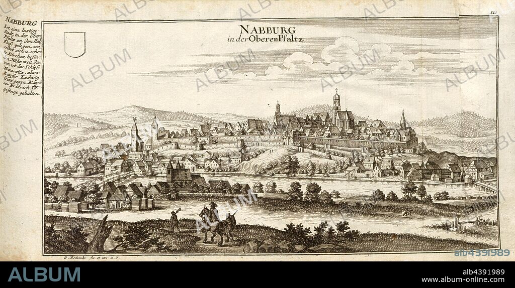 Nabburg in the Upper Pfaltz, Nabburg in Bavaria, signed: G. Bodenehr fec., et exc., a., v, Plate 111, after p. 51, Bodenehr, Gabriel d. Ä (fec. et exc.), 1710, Gabriel Bodenehr: Europens Pracht und Macht in 200 Kupfer-Stücken: worinnen nicht nur allein die berühmtest und ansehnlichste, sondern auch andere Stätte, Festungen, Schlösser, Klöster, Pässe, Residentien, Palläste, Wasserfälle dises volckreichen Welttheils vermittelst anmuthiger und eigentlicher Prospecte, sambt kurzer geographischer Beschreibung zu sonderm Nuzen u. Gemüth vergnügender Ergözung vorgestellet werden. Augspurg: [Selbstverlag], [ca. 1710].