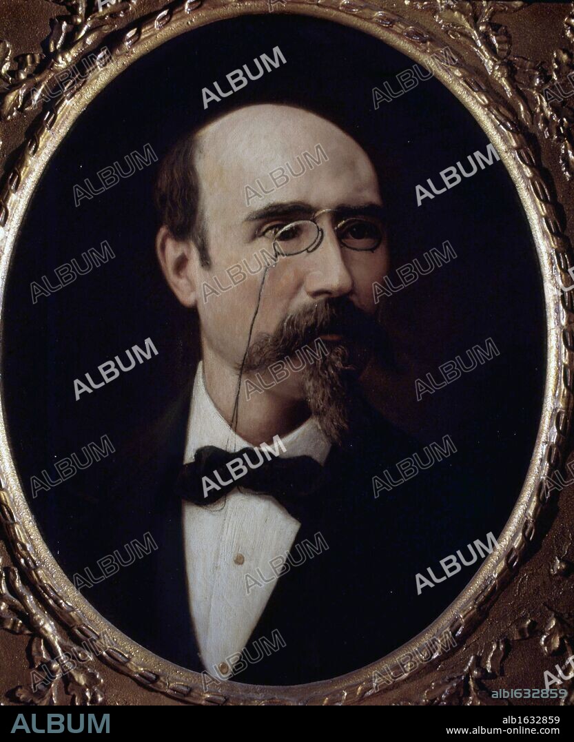 JOSE SANCHEZ PESCADOR (1839-1877). ECHEGARAY, JOSE ESCRITOR Y POLITICO ESPAÑOL. MADRID 1832-1916. OLEO DE JOSE SANCHEZ PESCADOR TEATRO ESPAÑOL. MADRID.
