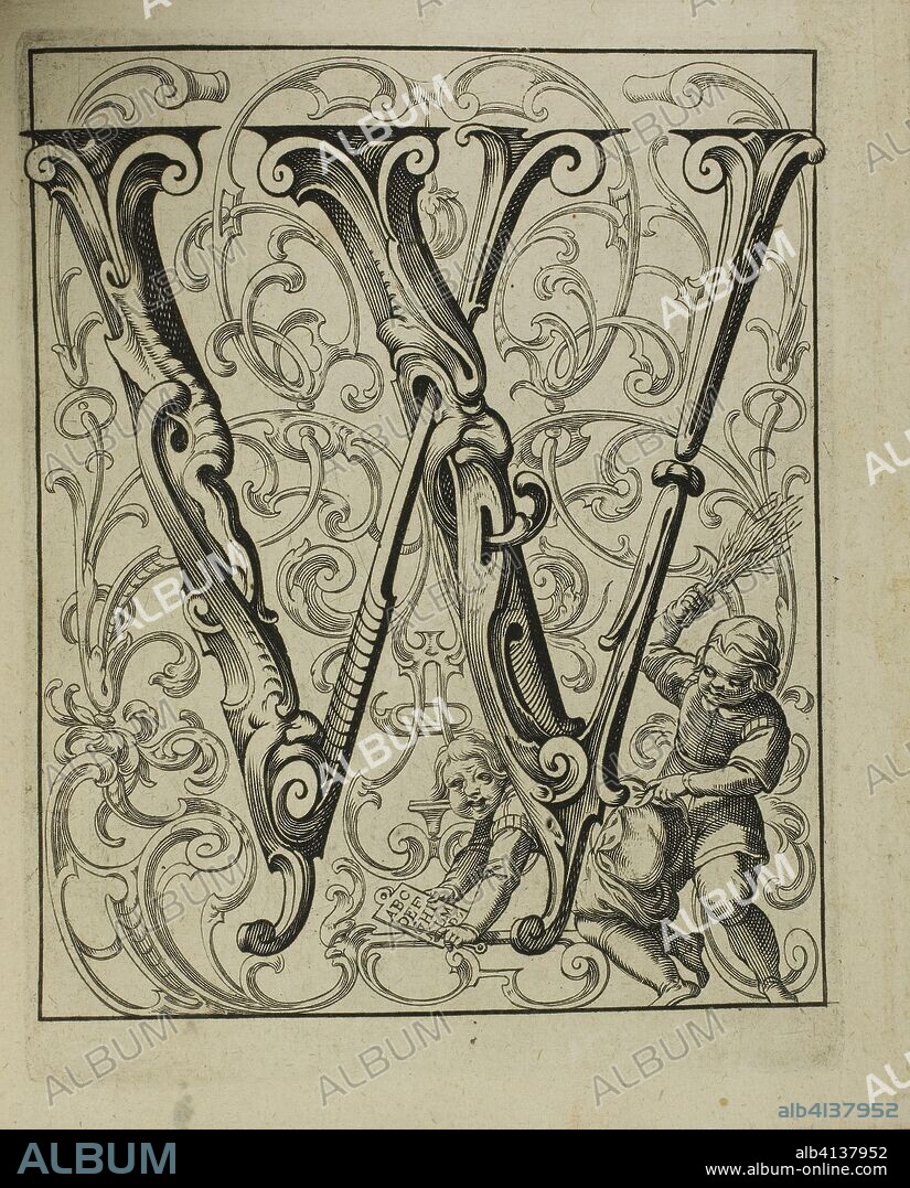 Alphabet. Lucas Kilian; German, 1579-1637. Date: 1627. Dimensions: 168 x 142 mm (sheet); 170 x 150 (binding closed). Book with 24 etchings, bound in crimson levant with marbled endpapers, outer slip case. Origin: Germany.