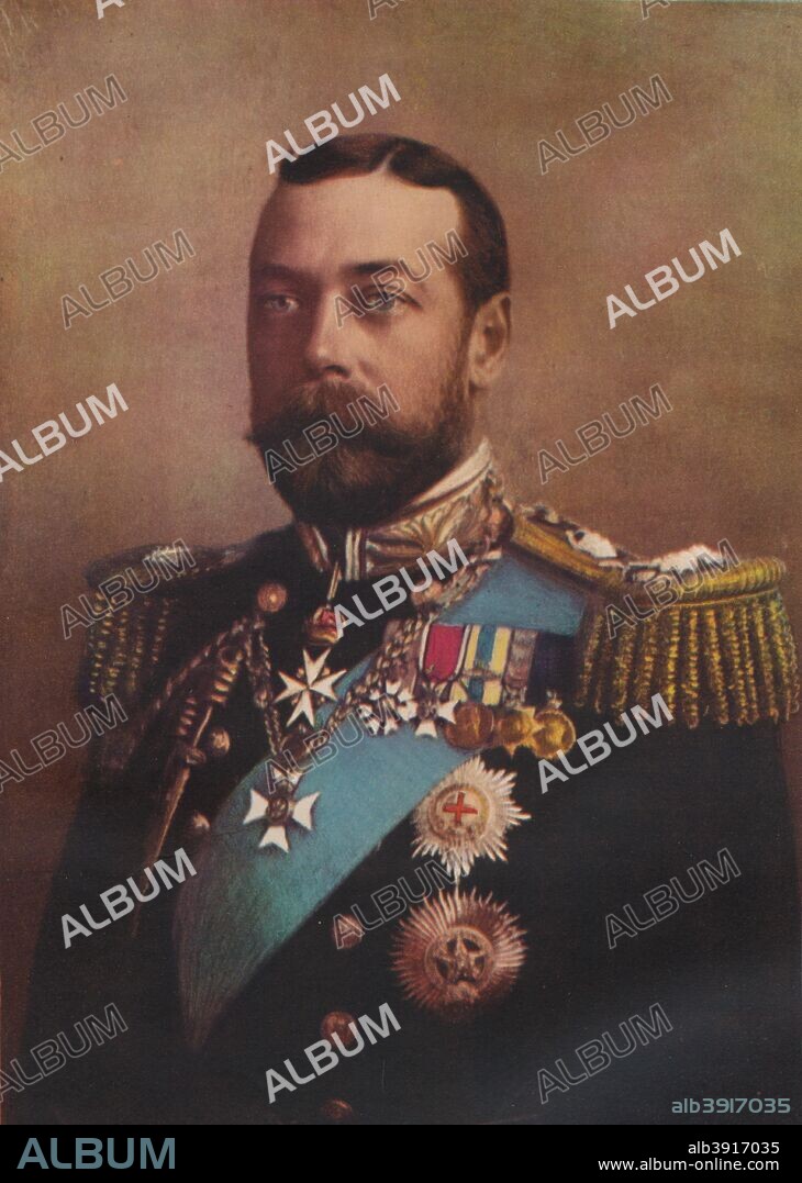 'H.M. King George V', 1917. George V (1865-1936), King of the United Kingdom and the British Dominions from 1910 until 1936. From The British Printer Vol. XXIV. [Raithby, Lawrence & Co., Ltd, London and Leicester, 1917].