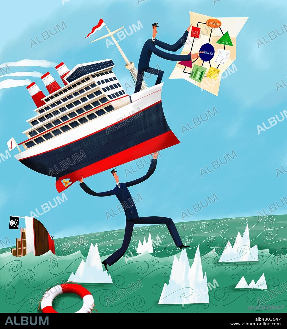 Captain with strategy plan and coworker carrying ship through dangerous waters.