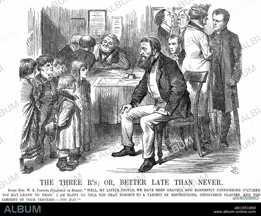 William Edward Forster (1818-1886), British Liberal statesman.  In 1870, in Gladstone administration, carried Elementary Education Act through Parliament. Much groundwork for the Act done by his brother-in-law Matthew Arnold, poet and literary critic. John Tenniel cartoon from Punch London March 1870 showing Forster as Chairman of a Board School speaking to pupils. Engraving.