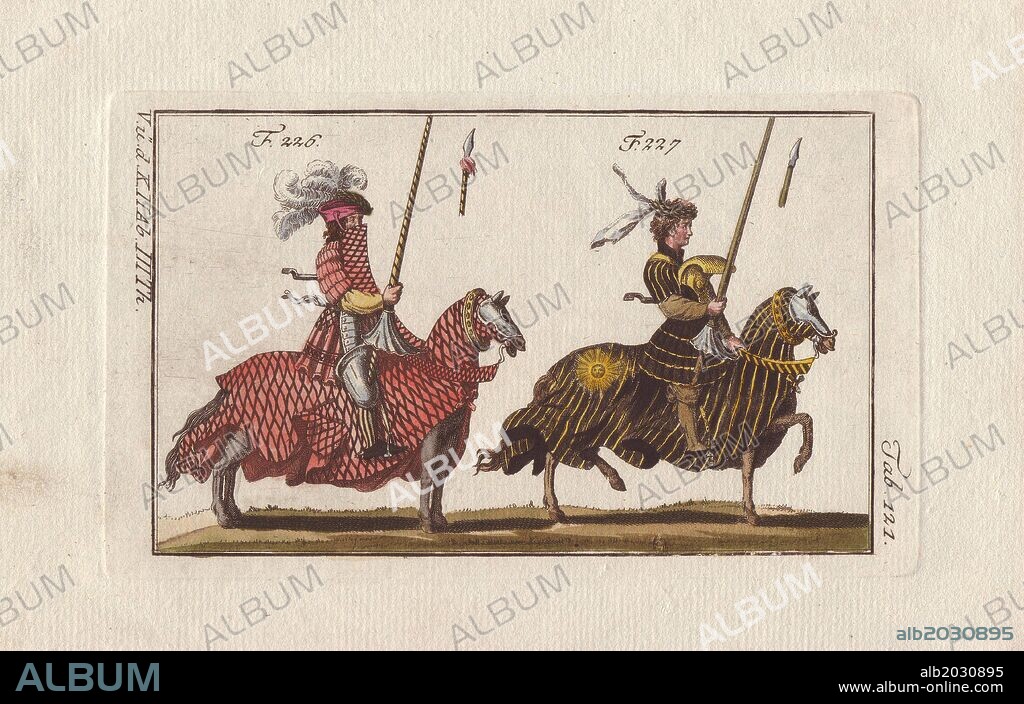 Two knights on horseback in armor for a course with shield (course de bouclier), and a course with grill (course de gril), a joust with a metal grill covering the body.. . The helmetless knight at left wears tunic in hatched pink in the same colors as his horse's colors and even the high "bouclier" shield rising up from his saddle. The helmetless knight at right wears a tunic in black with gold stripes, to match his horse's colors. The flank of the horse blanket is decorated with a golden radiant sun. The metal "gril" on his breast is bright gold with another radiant sun.. . In the course, the knight aimed his lance at a particular spot on the opponent's breastplate - when this button was hit, a metal plate was shot into the air above the knight.. . Handcolored copperplate engraving from Robert von Spalart's "Historical Picture of the Costumes of the Principal People of Antiquity and of the Middle Ages" (1796).