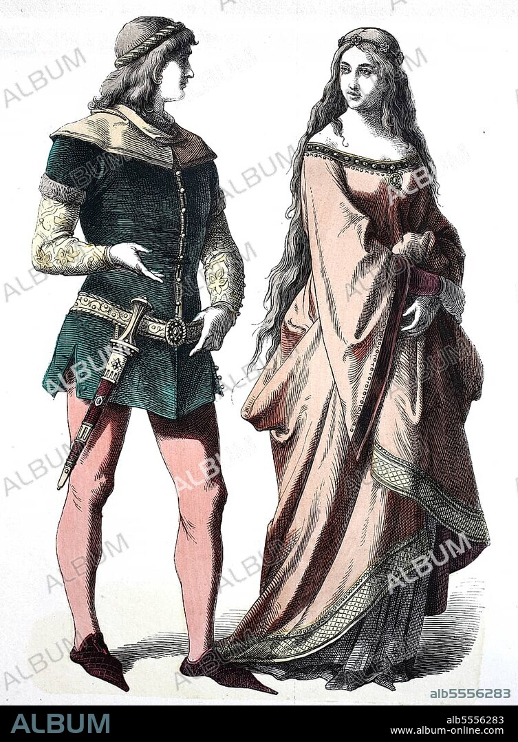 Folk traditional costume, clothing, history of costumes, knights and noblewomen, Germany, 14th century, Historical, digitally restored reproduction of a 19th century original, Europe.
