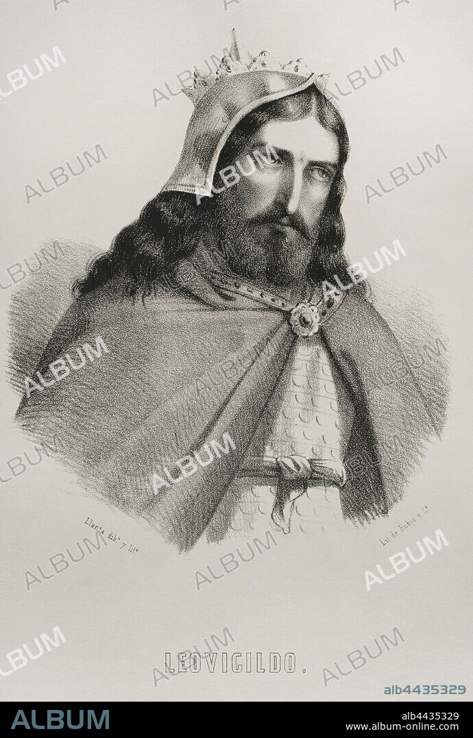 Leovigildo (m. 586). Rey visigodo entre 568 y 586. Autor del Codex Revisus. Tras sus campañas militares dominó el control de casi toda la Península Ibérica. Dibujo por Llanta. Litografía. Crónica General de España, História Ilustrada y Descriptiva de sus Provincias. Galicia,1866. Biblioteca Histórico Militar de Barcelona, Catañula, España.