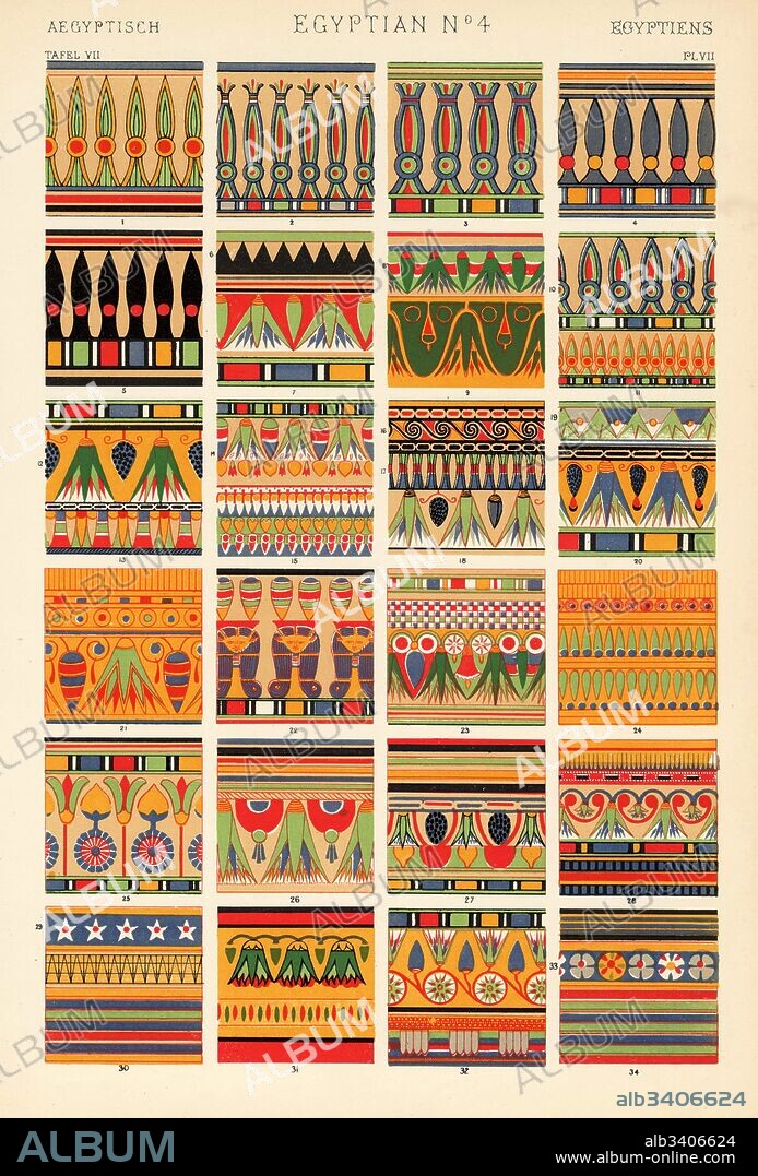 Egyptian ornaments featuring the pendant lotus from cornices, tombs, sarcophagi, necklaces, and walls. Chromolithograph by Francis Bedford from Owen Jones' The Grammar of Ornament, Quaritch, London, 1868.