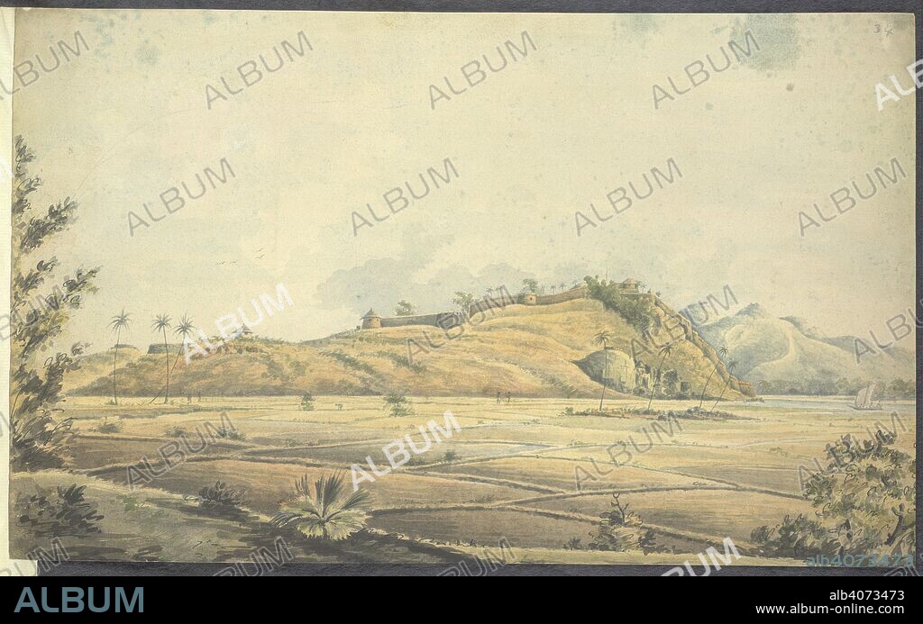JOHN JOHNSON. A hill fort with paddy fields in the foreground. A sketch-book of 36 drawings depicting scenes chiefly in W. India and Mysore. c. 1795-1801. watercolour. Source: WD 1055, f.34.