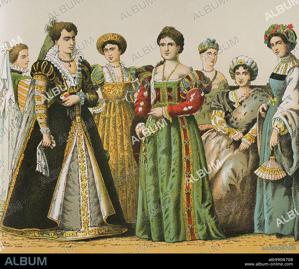 History of Italy. 1500-1600. Madam's dresses. Chromolithography. "Historia Universal", by César Cantú. Volume VII, 1881.
