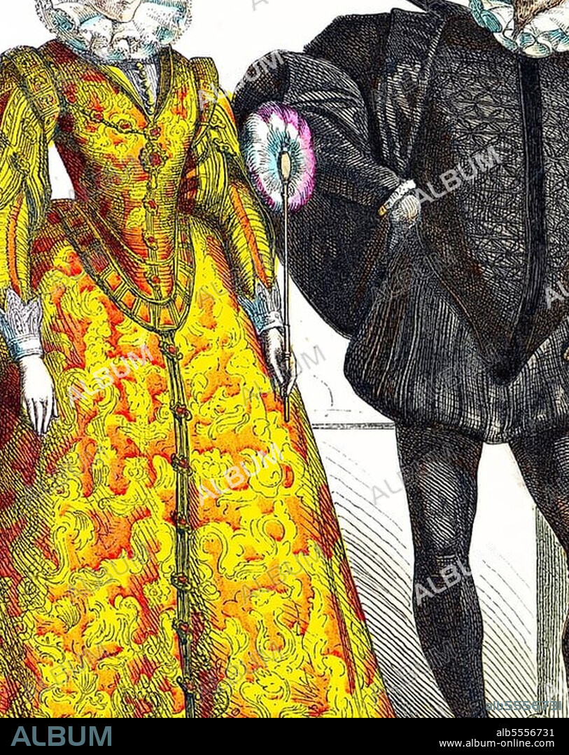 Münchener Bilderbogen, Costumes, Mid-16th century, Spanish noblemen, Spain, portrait, man, woman, elegant, robe, jewellery, sword, coloured historical illustration 1890