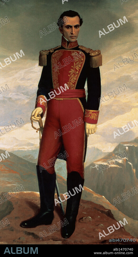 BOLIVAR, Simón (Caracas,1783-San Pedro Alejandrino,1830), llamado EL LIBERTADOR. Fué organizador de la Sociedad Patriótica, de gran influencia en el Congreso, que proclamó en 1811 la independencia de Venezuela. Iniciada la contrarrevolución española, Bolívar se incorporó a las armas. Oleo de Antonio Salguero (1868-1935). Museo del Sucre. Quito. Ecuador.