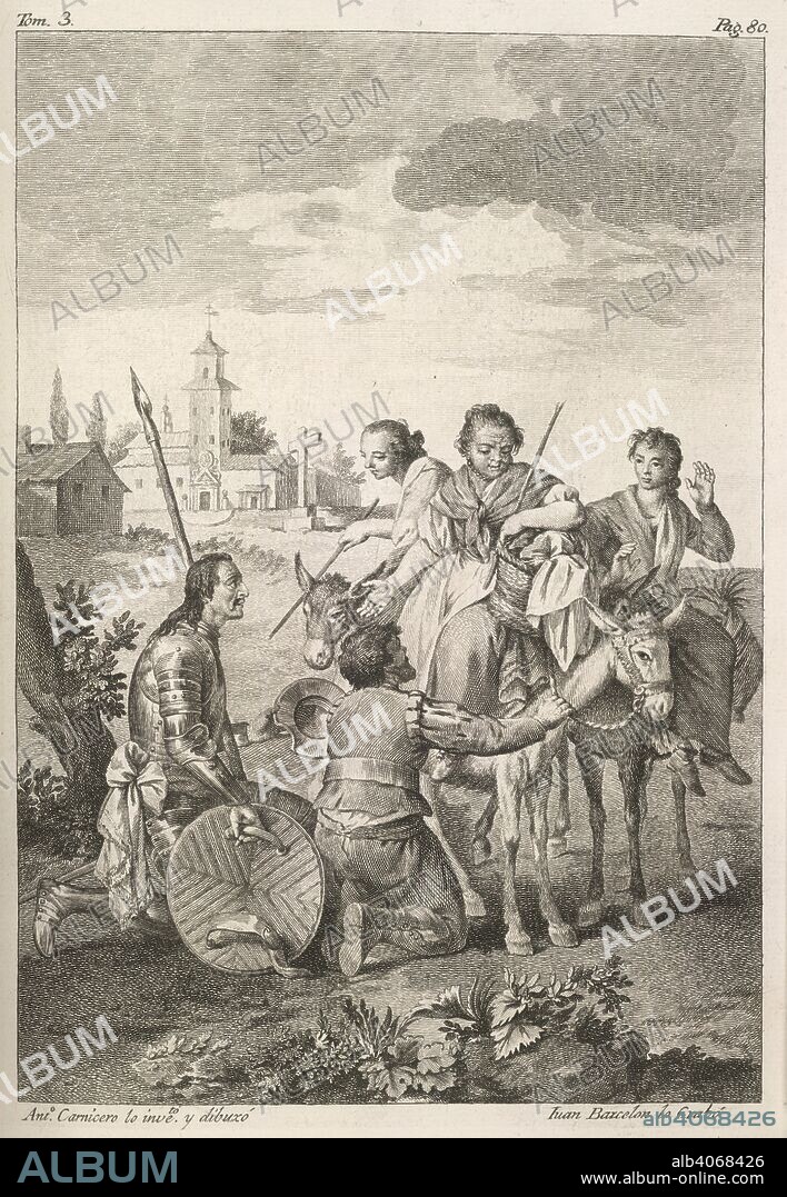 Don Quixote. El Ingenioso Hidalgo Don Quixote de la Mancha ... Madrid, 1780. Don Quixote and Sancho Panza kneeling before three women.  Image taken from El Ingenioso Hidalgo Don Quixote de la Mancha Nueva edicion, corregida por la Real Academia EspaÃ±ola. [With plates and a map.] (Vida de Miguel de Cervantes Saavedra, y AnÃ¡lisis del Quixote [by Vicente de los Rios].)  Originally published/produced in Madrid, 1780. . Source: 673.k.13-16, opposite 80. Language: Spanish.