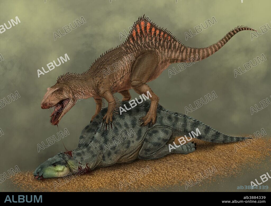A Concavenator kills a young iguanodon, jumping on his back and breaking his neck.