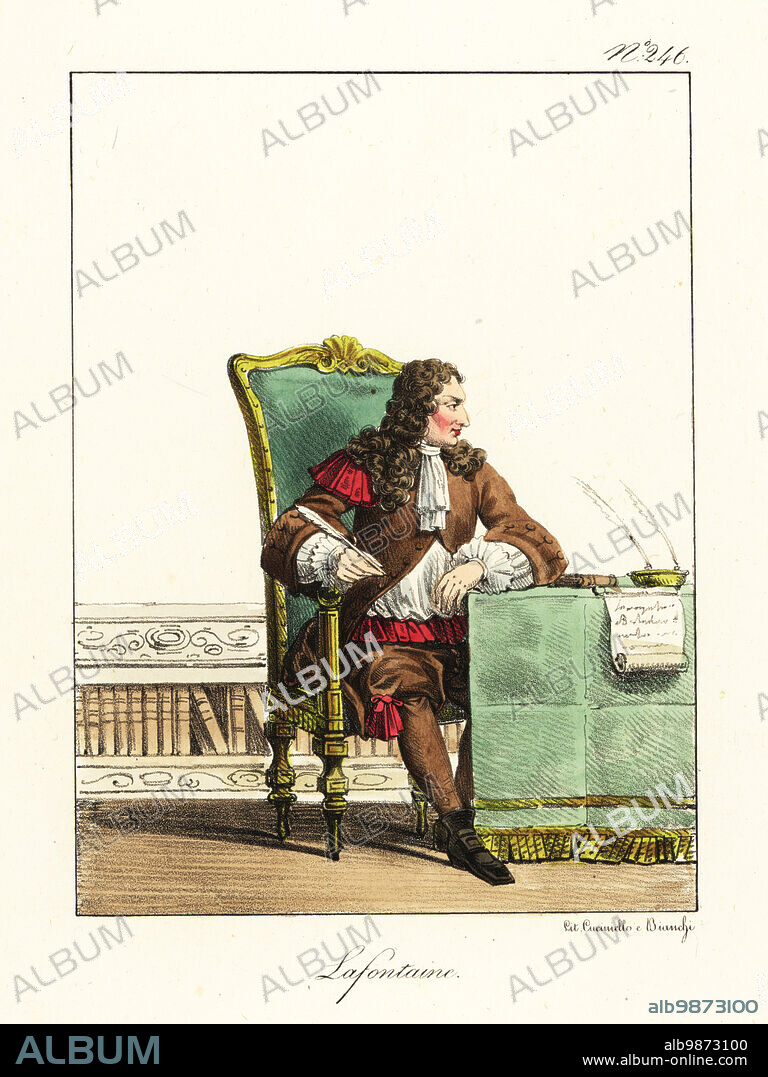 Jean de La Fontaine, 1621-1695, French fabulist, writer and poet, seated at his writing desk, wearing brown jacket and breeches, a quill pen in his right hand. Lafontaine. Handcoloured lithograph by Lorenzo Bianchi and Domenico Cuciniello after Hippolyte Lecomte from Costumi civili e militari della monarchia francese dal 1200 al 1820, Naples, 1825. Italian edition of Lecomtes Civilian and military costumes of the French monarchy from 1200 to 1820.