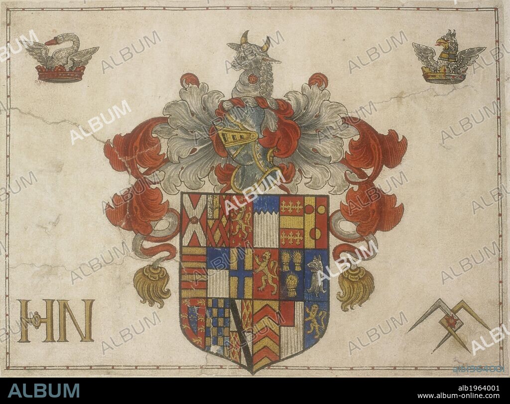 WILLIAM BYRD. Nevill family coat of arms. My Ladye Nevells Booke : keyboard music. 1591. One of the most beautifully written music manuscripts to survive from the late 16th century. Source: Ms.Mus.1591.