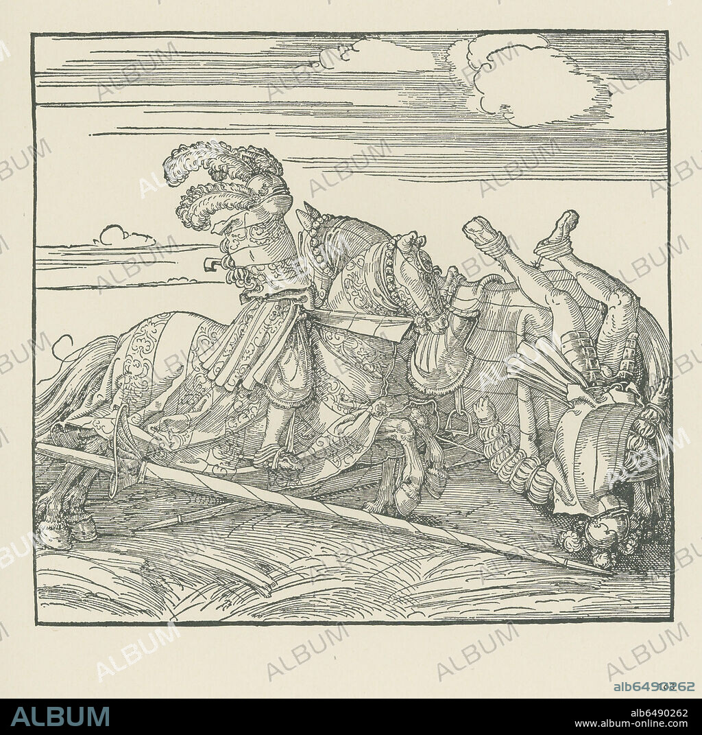 ALBRECHT DÜRER. The German Tournament (Das Angezogen Rennen). Maximilian (Freydal) has lifted his opponent Niklas von Firmian out of the saddle. Illustration of Freydal. Around 1517/18. 
Woodcut, 223 x 243mm.