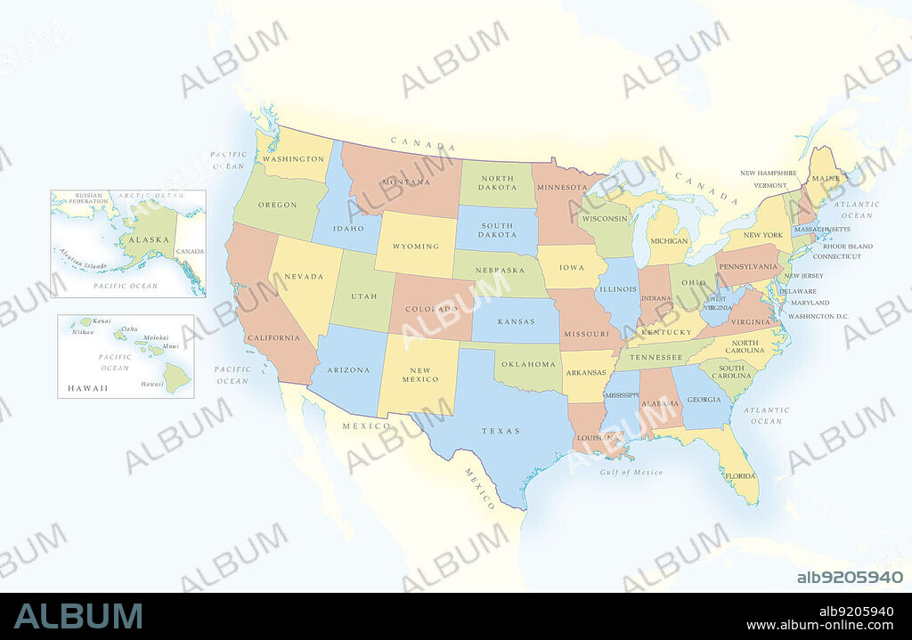 Map of United States of America, separate boxes showing Alaska and Hawaii.