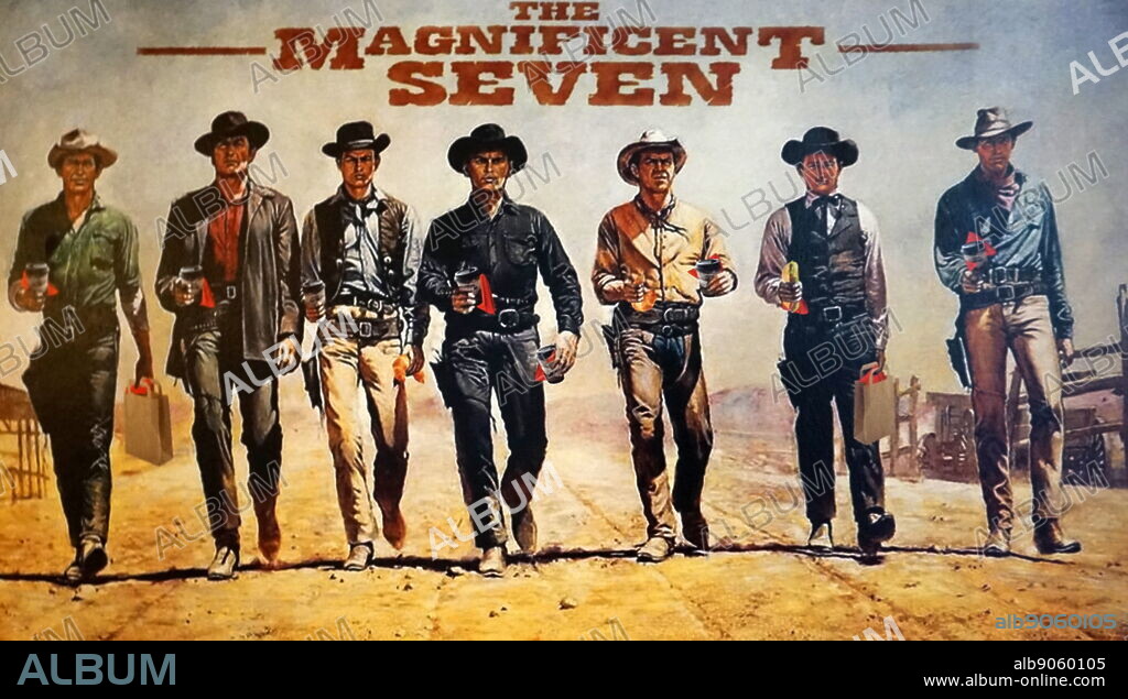 The Magnificent Seven is a 1960 American Western film directed by John Sturges. The screenplay by William Roberts is a remake - in an Old West-style - of Akira Kurosawa's 1954 Japanese film Seven Samurai. The ensemble cast includes Yul Brynner, Steve McQueen, Charles Bronson, Robert Vaughn, Brad Dexter, James Coburn, and Horst Buchholz as a group of seven gunfighters, and Eli Wallach as their main antagonist. Poster for film.