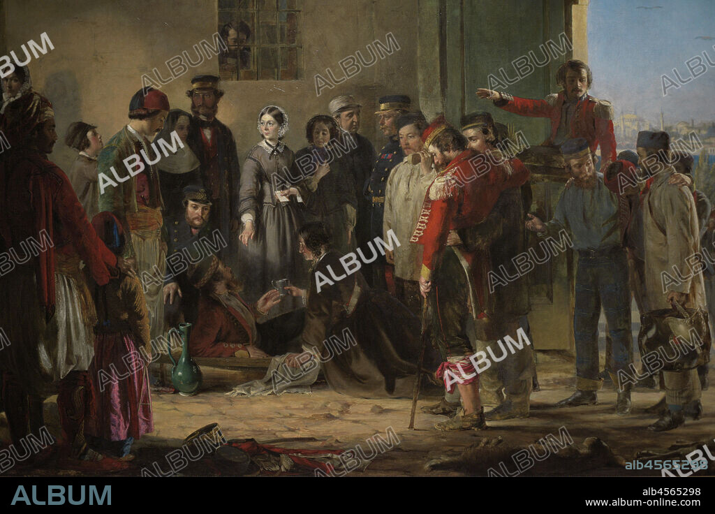 JERRY BARRETT (1824-1906). ENGLISH PAINTER.. La Misión de la Misericordia: Florence Nightingale recibiendo a los heridos en Scutari (suburbio de Constantinopla). Pintura realizada por Jerry Barrett (1824-1906). Oleo sobre lienzo (147 x 218,2 cm), 1857. Detalle. National Portrait Gallery. Londres. Inglaterra.