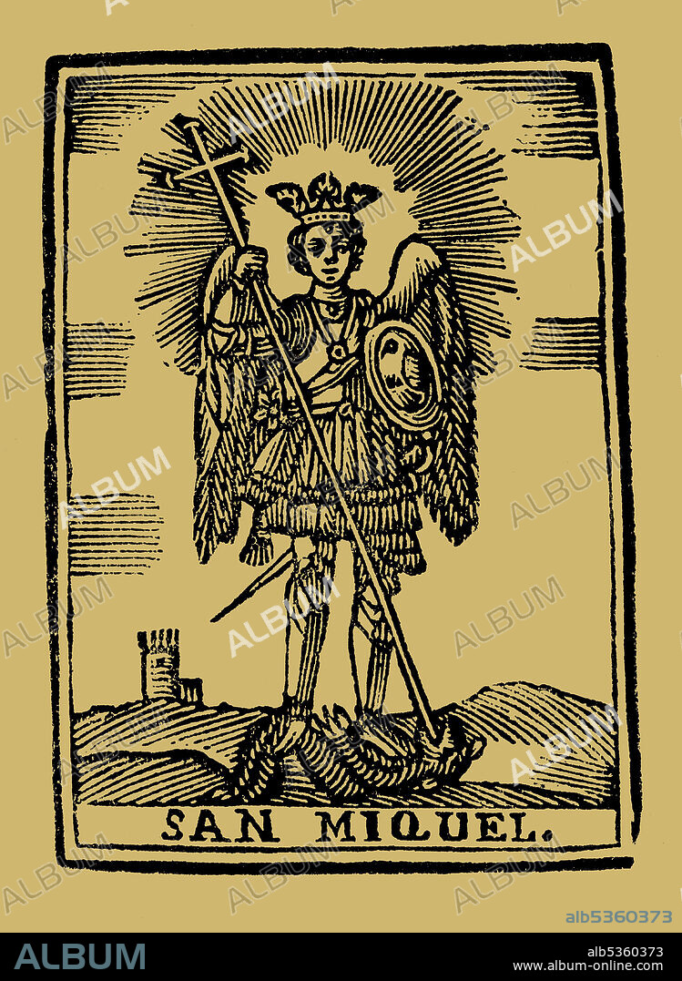 San Miguel arcángel; según las tradiciones judía, cristiana (iglesias católica, ortodoxa, copta y anglicana) e islámica, es el jefe de los ejércitos de Dios. Grabado popular del siglo XIX.