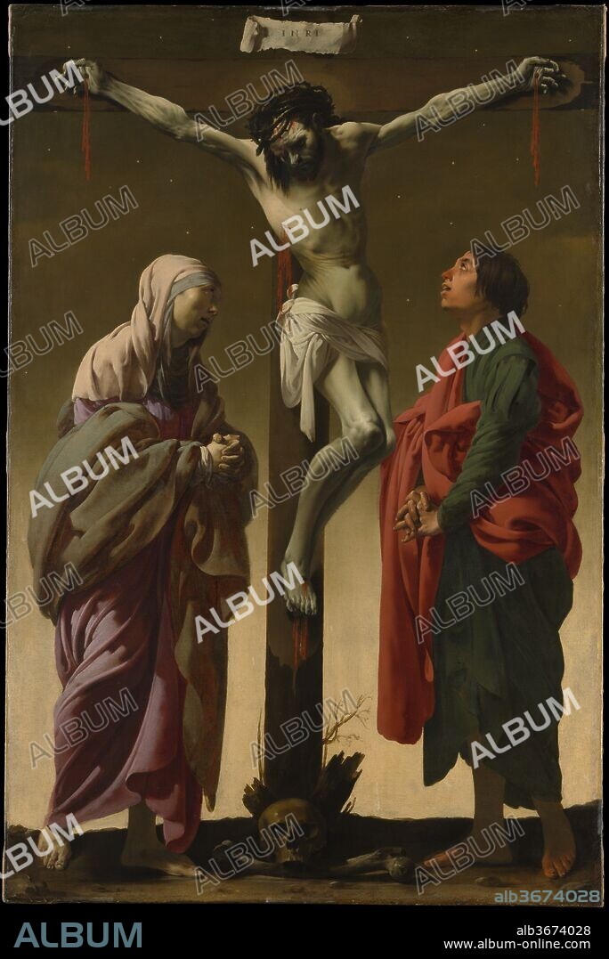 The Crucifixion with the Virgin and Saint John. Artist: Hendrick ter Brugghen (Dutch, The Hague? 1588-1629 Utrecht). Dimensions: 61 x 40 1/4 in. (154.9 x 102.2 cm). Date: ca. 1624-25.
This powerful image was probably painted for a Catholic "hidden church" in Ter Brugghen's city of Utrecht, where Catholicism was tolerated but not encouraged. The artist, a Protestant, recaptures the devotional intensity of earlier German and Dutch altarpieces in his stark composition and in the angular figure of Christ. However, the rhythmic draperies, convincing volumes, and folkish figures of Mary and John recall Ter Brugghen's experience of Caravaggio in Rome. The color combinations and hypnotic light are very much his own.