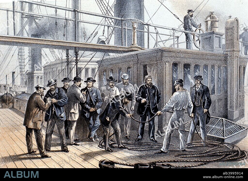 Laying the transatlantic telegraph cable, 1865. On the deck of the SS 'Great Eastern' searching the cable for a fault after its recovery from the bottom of the Atlantic on 31 July 1865. This attempt to lay the cable ended in failure, but the following year the 'Great Eastern' succeeded in laying the cable connecting Valentia in Ireland to Trinity Bay, Newfoundland. Instead of the length of a sea voyage, communication time between the two sides of the Atlantic became a matter of seconds. From The Atlantic Telegraph by WH Russell. (London, 1866).