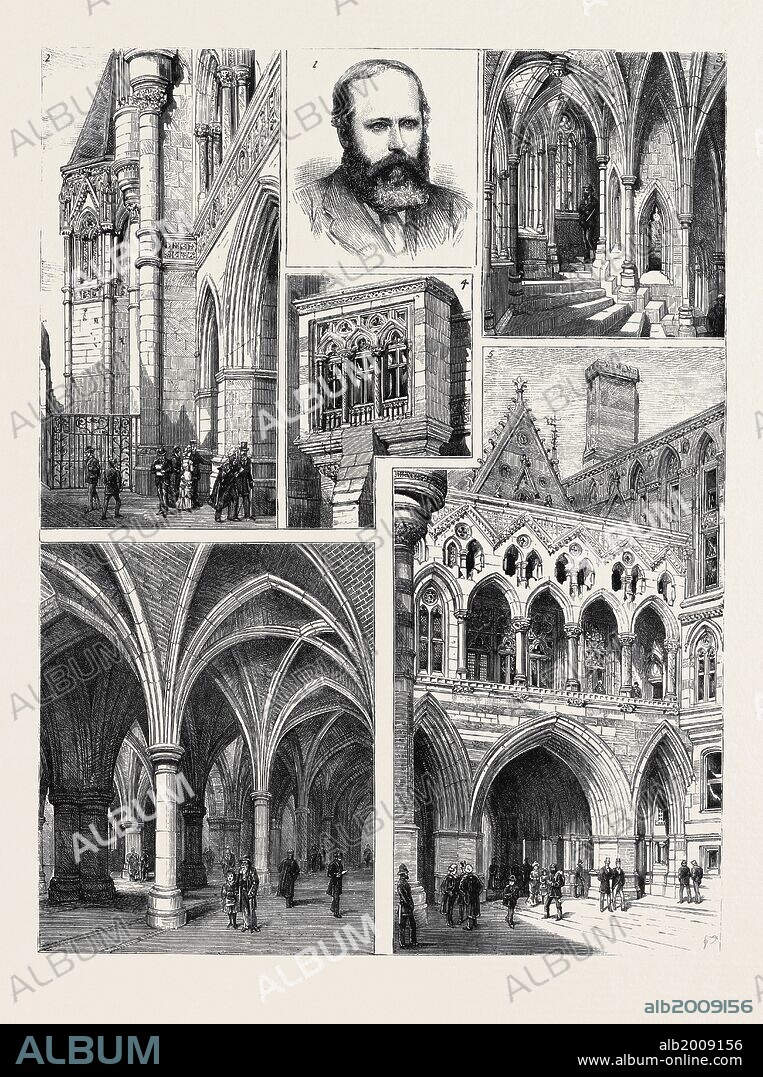 THE NEW LAW COURTS AND THEIR ARCHITECT: 3. George Edmund Street, R.A. (Died December 18, 1881, Aged 57; Buried in Westminster Abbey, December 29, 1881); 2. View Behind the "Screen Wall," Strand Front; 3. One of the Circular Staircases; 4. Window on the West Side; 5. Back of Gateway to East Quadrangle; 6. The Great Corridor on the Ground Floor.