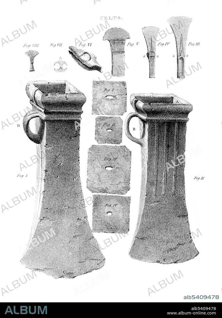 In archeology, a celt is a long, thin, prehistoric, stone or bronze tool similar to an adze, a hoe or axe-like tool. Image taken from The Celtic Druids by Godfrey Higgins, 1827 (cropped and cleaned).
