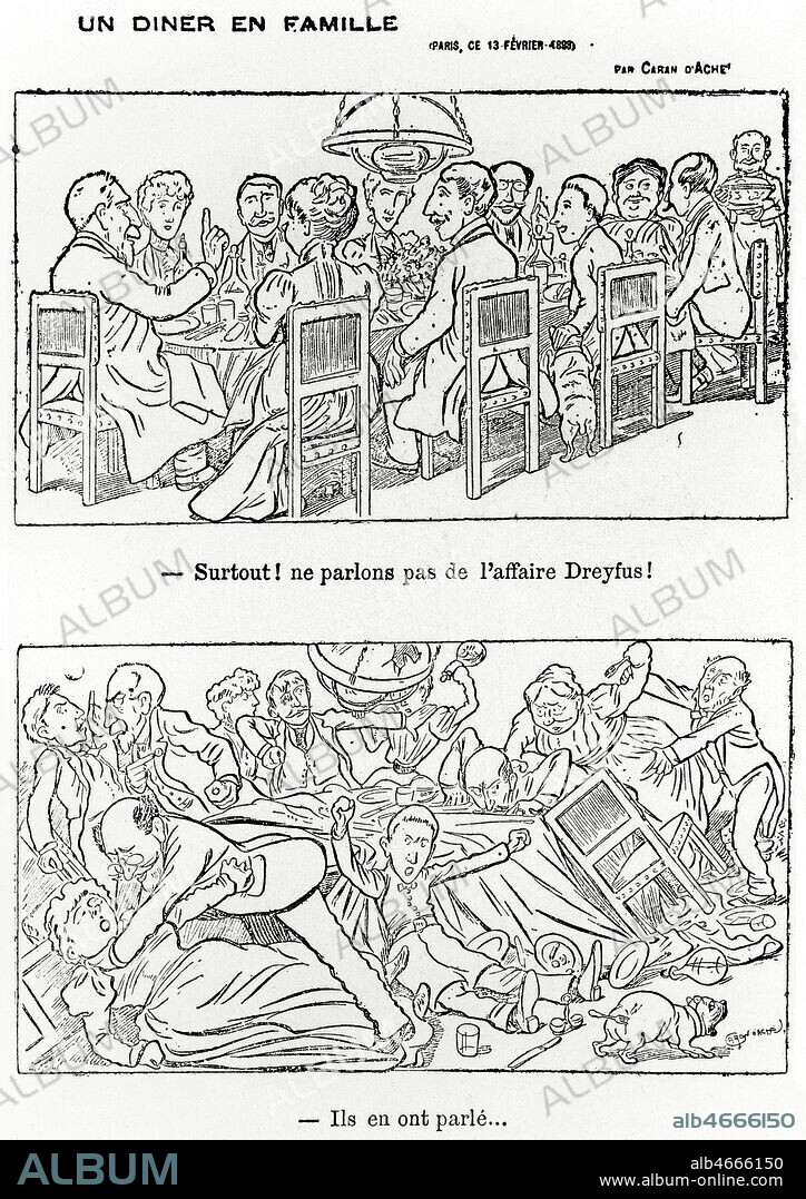 Caricature a propos de l'affaire Dreyfus: " Un diner en famille : Surtout ne parlons pas de l'affaire Dreyfus ! . Ils en ont parle.." Caricature de CARAN D'ACHE (1858-1909) parue dans le FIGARO en 1898, un diner de famille represente comme un diptyque compose de deux dessins l'un sur l'autre, avant et apres la discussion . Credit: Collection Kharbine-Tapabor.