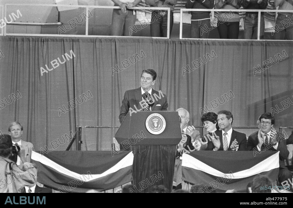 RONALD REAGAN. Oct 22, 1984; Palmdale, CA, USA; REAGAN DIED JUNE 5, 2004. The 40th U. S. President (1981-89) RONALD WILSON REAGAN (Republican). Nicknamed 'The Great Communicator' and 'Dutch'. Born February 6, 1911, in Tampico, Illinois. Married twice Jane Wyman (Jan 26 1940-48 Divorced) and Nancy Davis (March 4, 1952-Present). Began his career as a sports announcer on radio, then moved to Hollywood and became a movie star. He made over 50 movies as a reliable supporting actor or benign leading man, but his real calling s. 22/10/1984