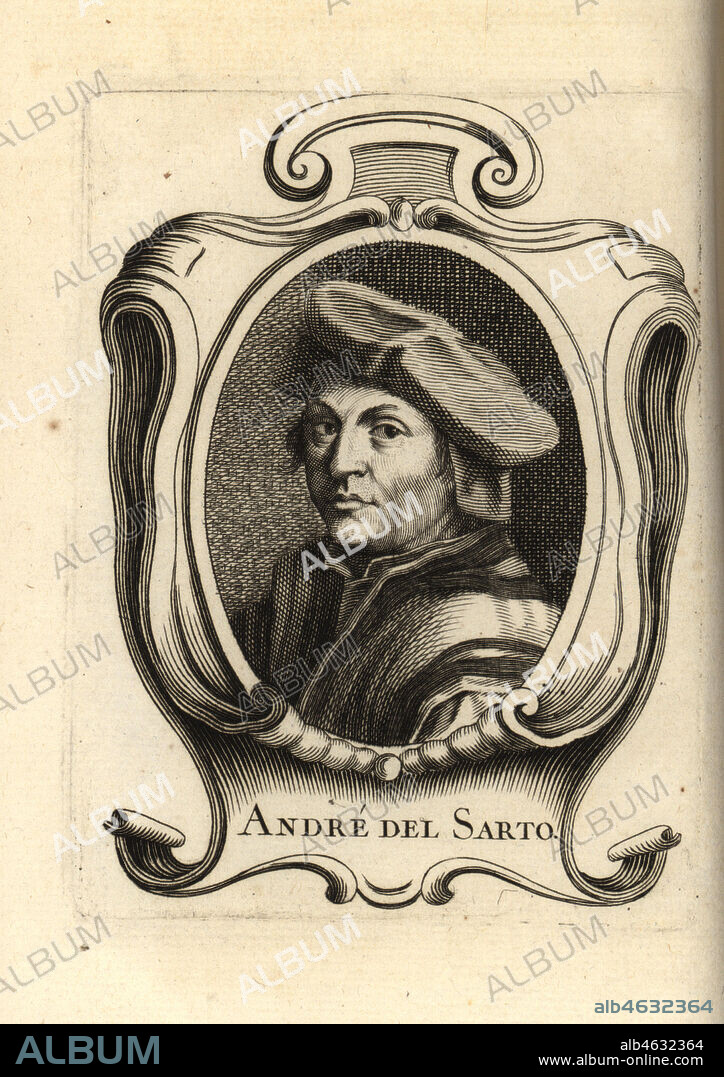 Portrait of Andrea del Sarto, Italian painter of the High Renaissance and early Mannerism periods 1486-1530. Andre del Sarto. Copperplate engraving after a self-portrait by Andrea del Sarto from Antoine-Joseph Dezallier dArgenvilles Abrege de la vie des plus fameux peintres, Lives of the most Famous Artists, de Bure lAine, Paris, 1762.