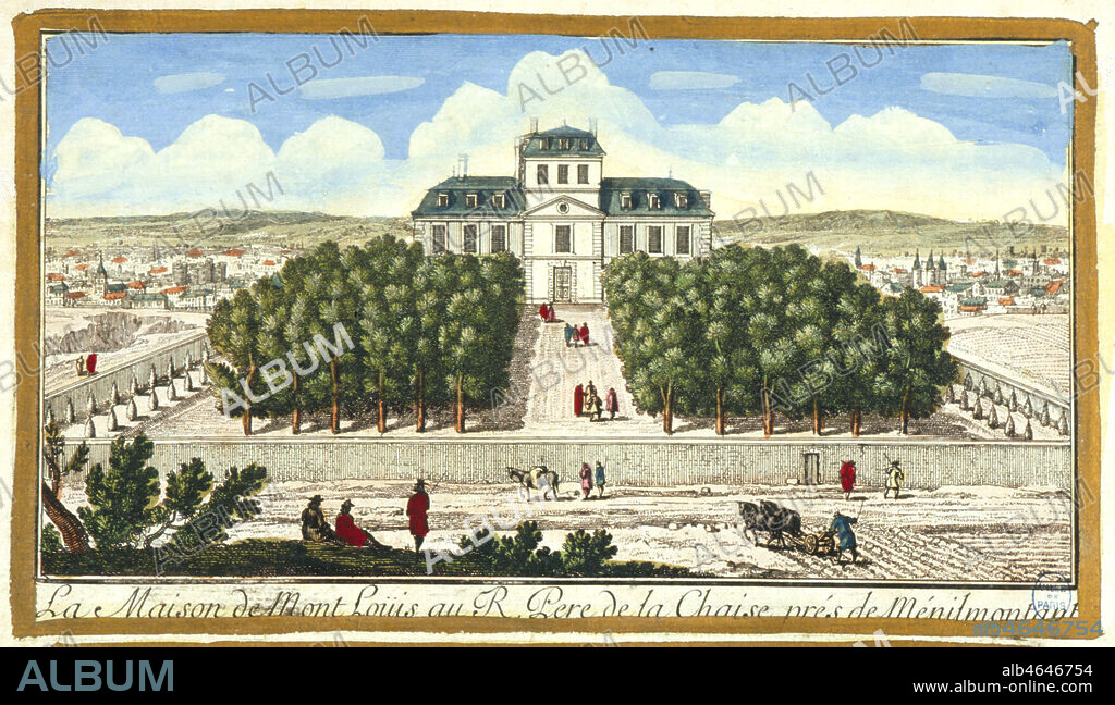 'La maison de Mont-Louis au Pere Lachaise, pres de Menilmontant' a Paris ; ce sont les jesuites qui racheterent l'ancien domaine de la Folie-Regnault en 1626. Ils en firent une residence de campagne pour les pretres. Elle fut nommee le Mont-Louis en l'honneur du roi Louis XIV (1638-1715). Le Pere Francois d'Aix de La Chaise (1624-1709), confesseur de Louis XIV, l'embellit et l'agrandit. in 'Vues des belles maisons de France', estampe de Gabriel Perelle (1604-1677), 1680, Paris, N. Langlois (gravure du temps). Estampe de la fin du 17eme siecle. Credit : Coll. BHVP-Grob/Kharbine-Tapabor.