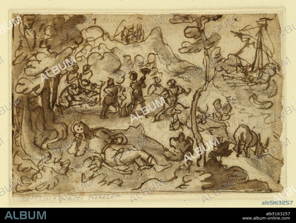 In Thrinacia, Odysseus sleeps while his men devour cattle belonging to Helios, the sun god. Illustration to book XII of Homer's Odyssey., Jan van der Straet, called Stradanus, Flemish, 15231605, Pen and brown ink, brush and brown wash on laid paper, lined, A man reclines on the ground, in foreground. In the middle distance a group of figures, some of them roasting food over an open fire. In the distance, right, a ship is harboured., Netherlands, 15901599, albums (bound) & books, Drawing, Drawing.