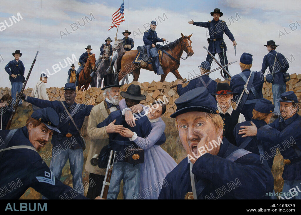 DON GRAY (B.1948). AMERICAN ARTIST.. Guerra de Secesión Americana (1861-1865). Rescate en Leasburg (1 de octubre de 1864). Episodio de la contienda. Panel que muestra al joven Chip Lange de Cuba. Obra de Don Gray (n.1948). Serie de murales que representan escenas históricas de temáticas tanto locales como nacionales. Cuba. Estado de Misuri. Estados Unidos.