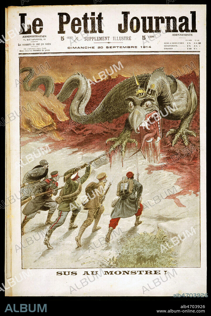 'Sus au monstre': Caricature du monstre austro-allemand face a la France, l'Angleterre, la Serbie, la Russie et la Belgique en couverture du Petit Journal du 20/09/1914. Credit:.