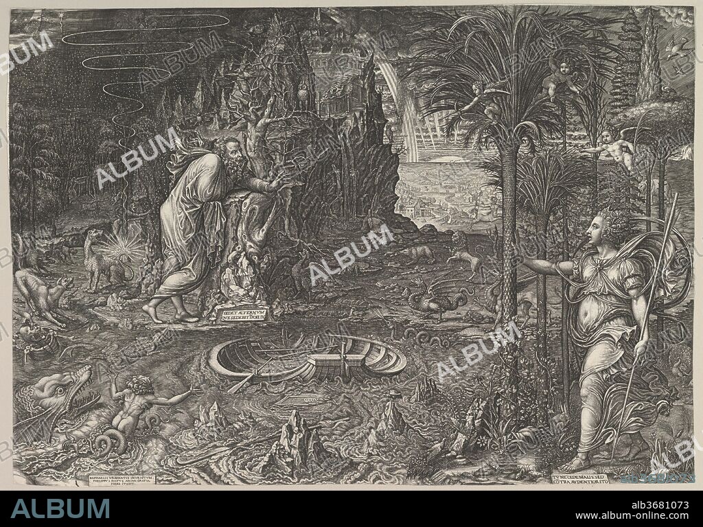 Allegory of Life. Artist: After Raphael (Raffaello Sanzio or Santi) (Italian, Urbino 1483-1520 Rome); Giorgio Ghisi (Italian, Mantua ca. 1520-1582 Mantua). Dimensions: Sheet (Trimmed): 14 3/4 × 21 3/16 in. (37.5 × 53.8 cm). Date: 1561.
This compelling and enigmatic image has elicited many explanations of its content, none of which have entirely resolved its meaning. An elderly man at left--possibly a philosopher--leans against a riverside rock, his hand outstretched to a crowned woman who strides toward him at right. In the most general terms, this scene is understood as an allegory with a hopeful message: the man who has poorly guided the boat of his own existence is saved by the woman representing reason. The print's large size, numerous details, and intertwined elements contribute to a visual puzzle  that requires great concentration to understand. This challenge would have appealed to an educated audience in the sixteenth century.
