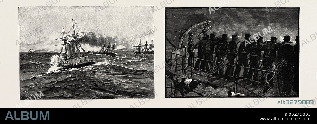 The Naval Manoeuvres: we sight four ships of the enemy off Queenstown and give chase. A brush with a torpedo boat, small-arm men on the forebridge; quick-firing guns on the deck below. 1889.