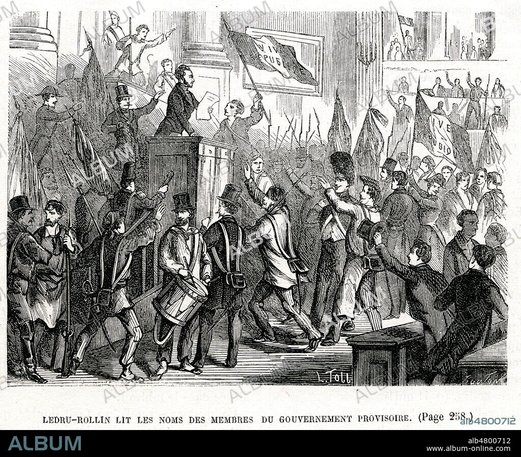 LEDRU-ROLLIN (1807-1874) lit les noms des membres du Gouvernement Provisoire. Illustration de 1863 par L. TOBB (19 s.) pour Histoire de la Revolution de 1848 par Louis Antoine GARNIER-PAGES (1803-1878). Credit : Collection Jonas/Kharbine-Tapabor.