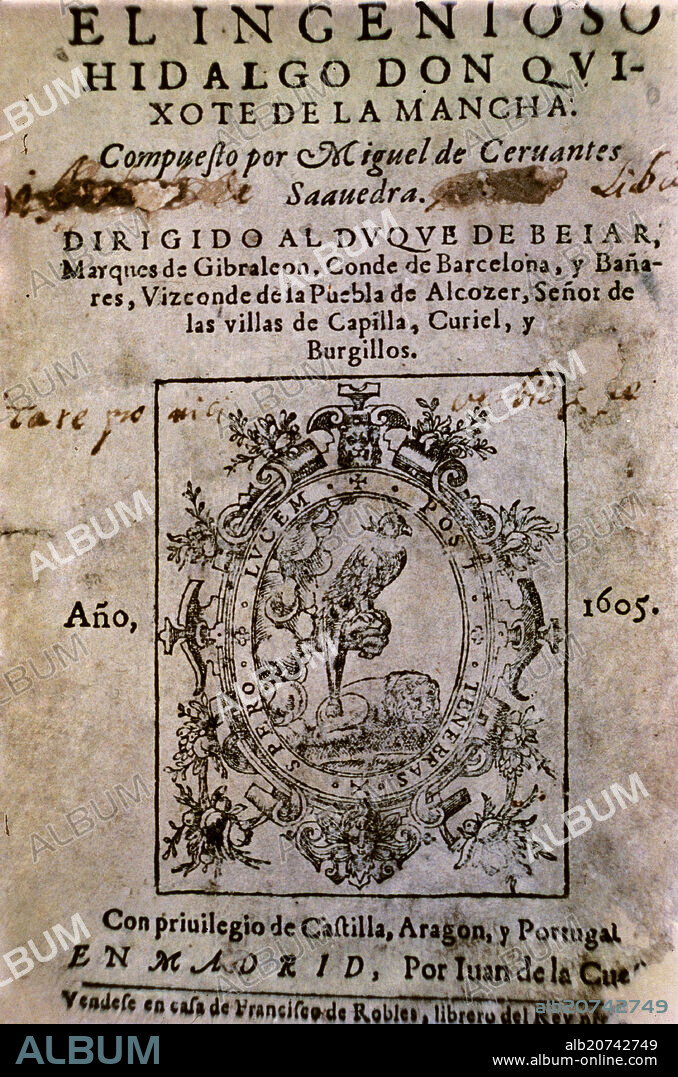 MIGUEL DE CERVANTES SAAVEDRA. PORTADA DEL QUIJOTE DE LA MANCHA - 1ª EDICION - IMPRESA EN MADRID EN EL AÑO 1605 EDICION DE JUAN DE LA CUESTA.
