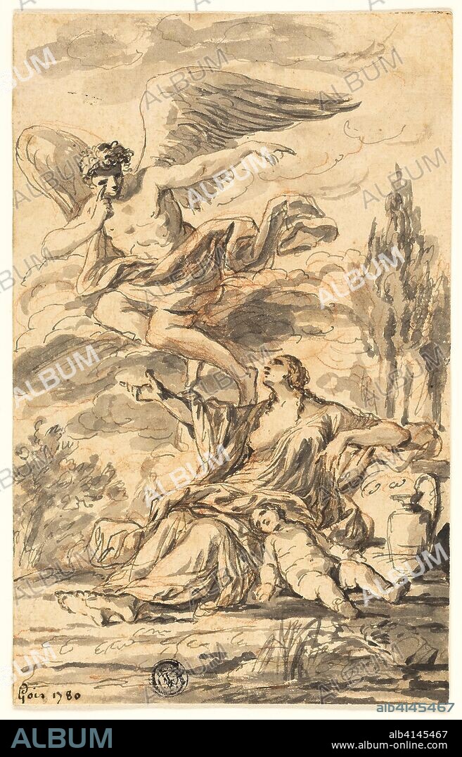 ÉTIENNE PIERRE ADRIEN GOIS. Angel Appearing to Hagar and Ishmael. Etienne Pierre Adrien Gois; French, 1731-1823. Date: 1780. Dimensions: 181 × 115 mm. Pen and gray ink, with brush and gray wash, over red chalk, on cream laid paper. Origin: France.