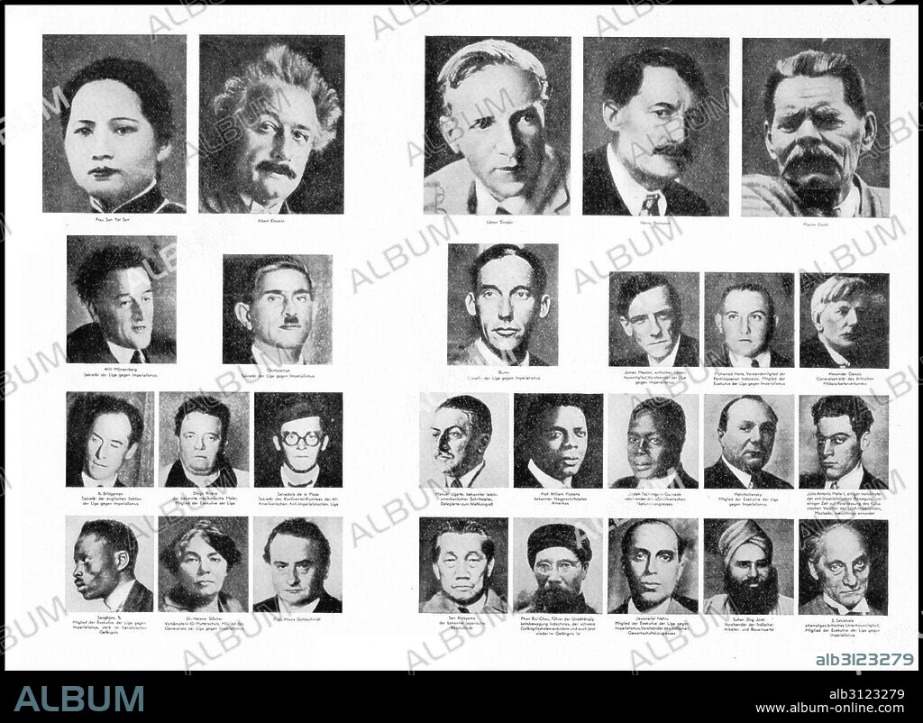 The Honorary Presidium and Executive Committee of the League against Imperialism (1929). Members included: Soong Ching-ling or Song Qingling (madam Sun Yat Sen; Albert Einstein; Upton Sinclair; Henri Barbusse; Maxim Gorki; Willi Muzenburg; Emile Burns; James maxton; Mohammed Hatta (later Vice president of Indonesia); Diego rivera; Manuel Ugarte; Josiah Gumede; Leopold Senghor (Later president of Senegal); Jawaharlal Nehru (later prime Minister of India).