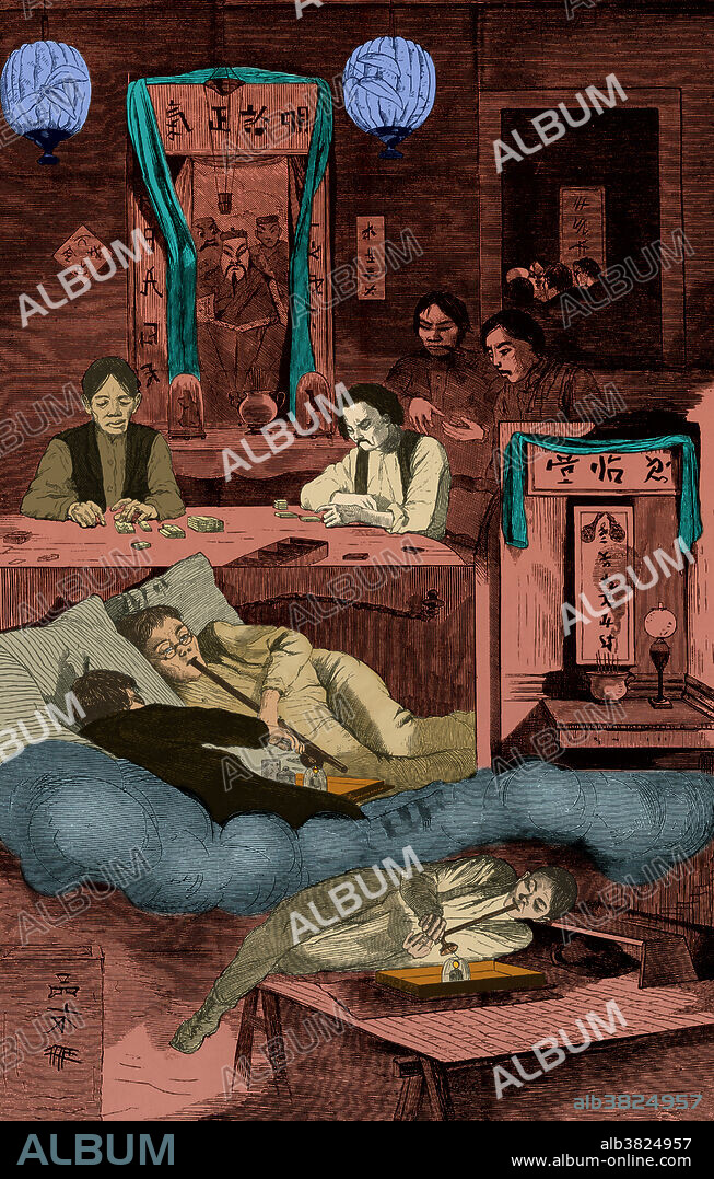 Opium smokers reclining on low beds and benches in a Chinese clubhouse drawn by Winslow Homer for Harper's Weekly, 1874. According to Homer he sat for hours with the somewhat malevolent face's of the gods beaming down on him from a wall altar in front of which incense burned and an offering of stuffed birds was placed. Chinese sailors gambled with dominoes.The walls were decorated with scrolls bearing club rules and news of the Celestial Empire. A small altar, with incense and a lamp burning before a scroll listing the names of dead members.