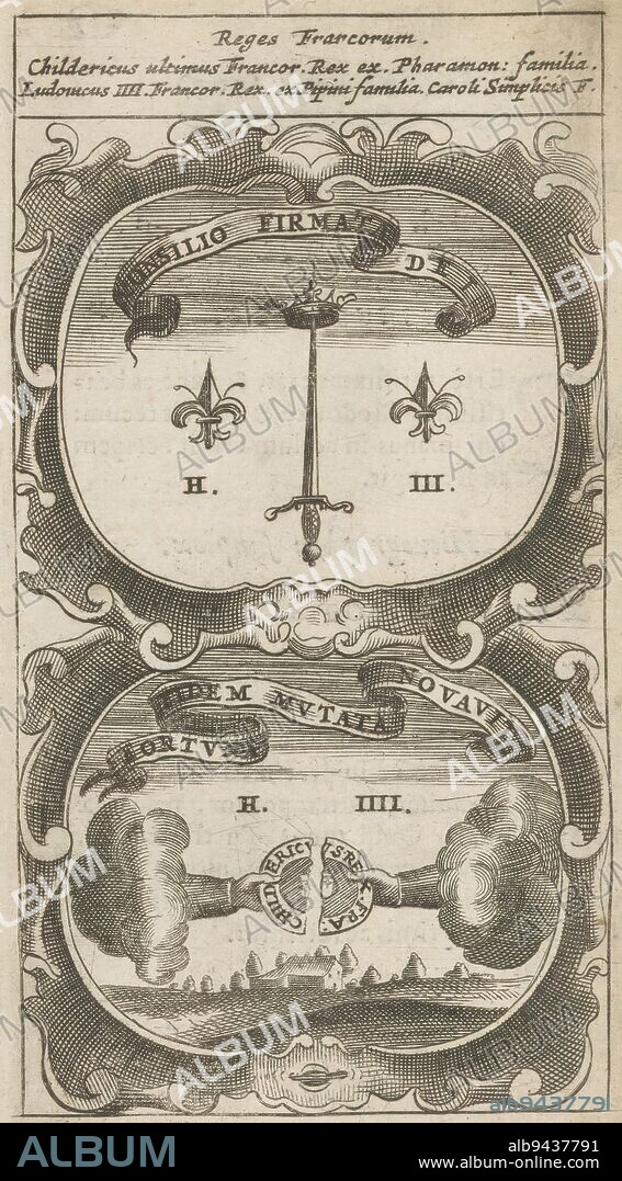 Crowned sword with French lilies / Two hands break a coin, Consilio Firmata Dei / Fortuna Fidem Mutata Novavit (title on object), Symbola Divina et Humana Pontificum Imperatorum Regum (series title), An emblem with two representations. Above a crowned sword flanked by two French lilies. Below two hands in the clouds break a coin or seal with a coat of arms and the name of Childerik. These are currencies of Childerik and Louis IV of France., print maker: anonymous, after print by: Aegidius Sadeler (II), 1666, paper, engraving, letterpress printing, height 121 mm × width 67 mm.